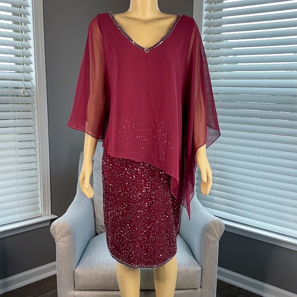 J Kara Women's Size Caplet V-Neck Short Cocktail Beaded Dress, Cranberry Multi